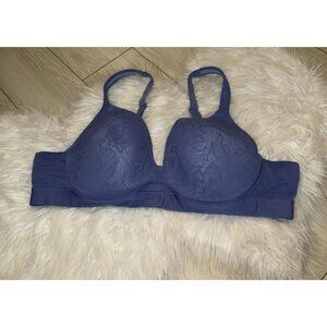 Cacique Lightly Lined Plunge Bra Underwire Floral Lace Keyhole Womens 44B Purple